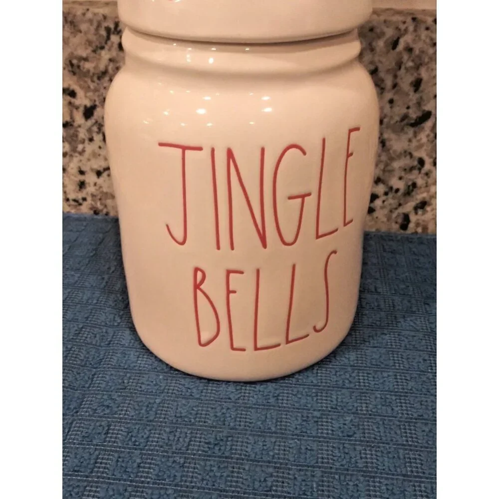 Rae Dunn JINGLE BELLS CANISTER Cookie Jar Santa Elf Hat Holiday Christmas EUC 9